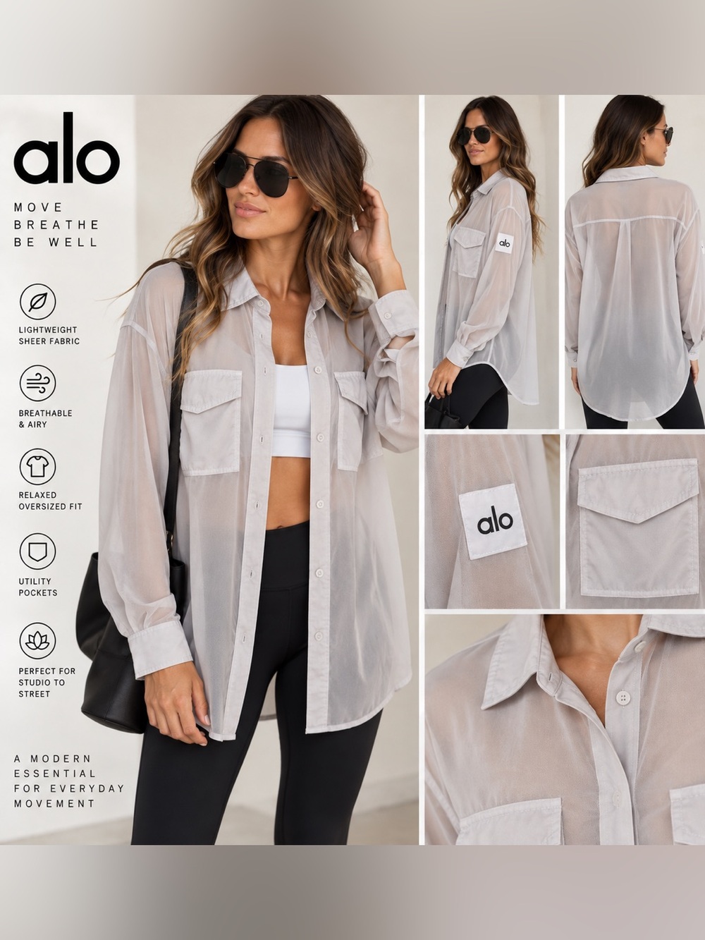 Alo Yoga Sheer Effusion Button Down Shirt Oversized Women’s M/L 22” P2P